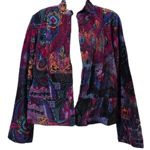 Chicos Velvet Kaleidoscope Offshore Jacket M 8 10 1 Pockets Paisley Purple Black